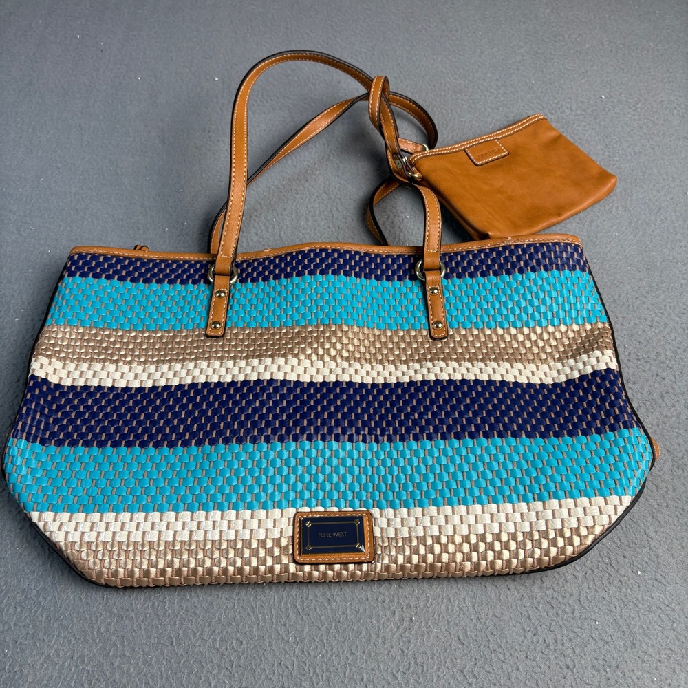 Nine West Woven Stripe Tote Bag Blue Tan Metallic with Matching Pouch